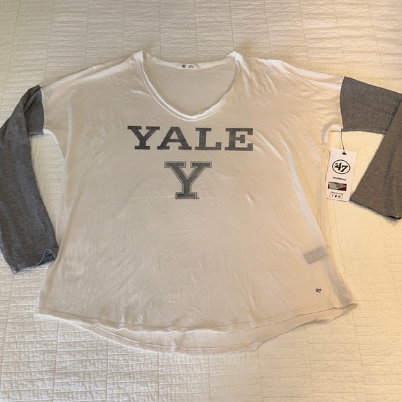47 Tops - Yale Large Baseball Long Sleeve Shirt White Gray Oversized NWT V Neck